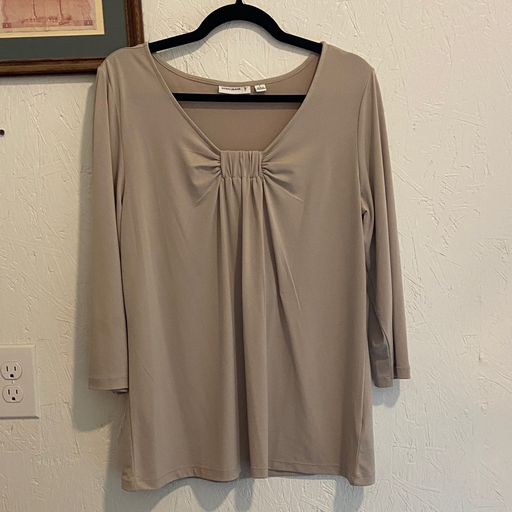 Susan Graver Taupe Blouse with Gathered Front